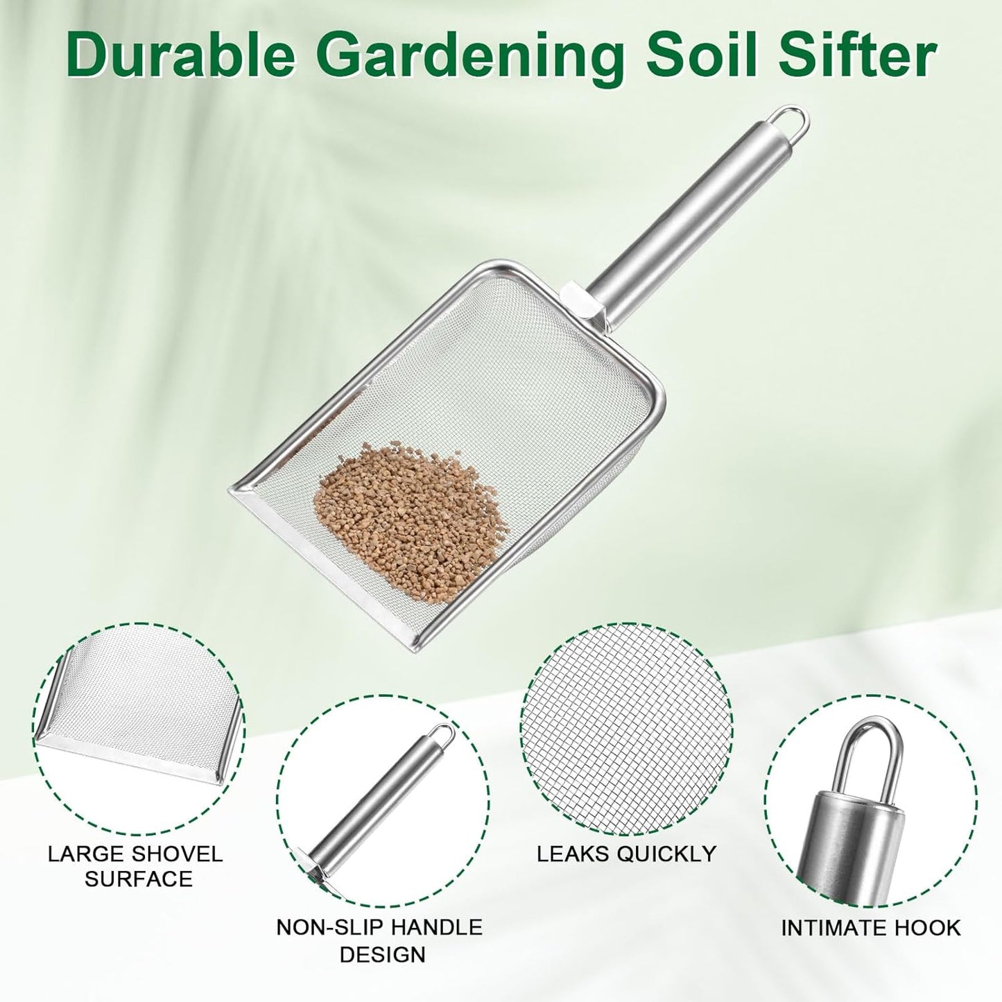 1-Pack Gardening Soil Sifter, 1 mm Mesh Stainless Steel Sand Soil Compost Sieve with Stainless Steel Handle for Sand/Dirt/Rock Compost [Silver Tone]