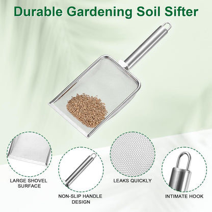 1-Pack Gardening Soil Sifter, 1 mm Mesh Stainless Steel Sand Soil Compost Sieve with Stainless Steel Handle for Sand/Dirt/Rock Compost [Silver Tone]