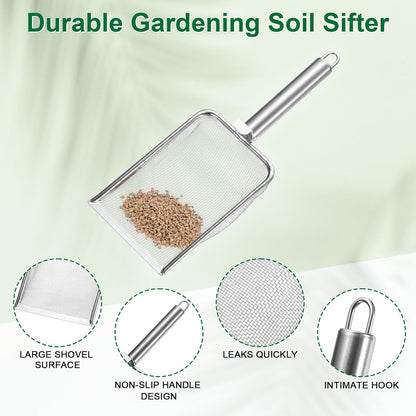1-Pack Gardening Soil Sifter, 1 mm Mesh Stainless Steel Sand Soil Compost Sieve with Stainless Steel Handle for Sand/Dirt/Rock Compost [Silver Tone]