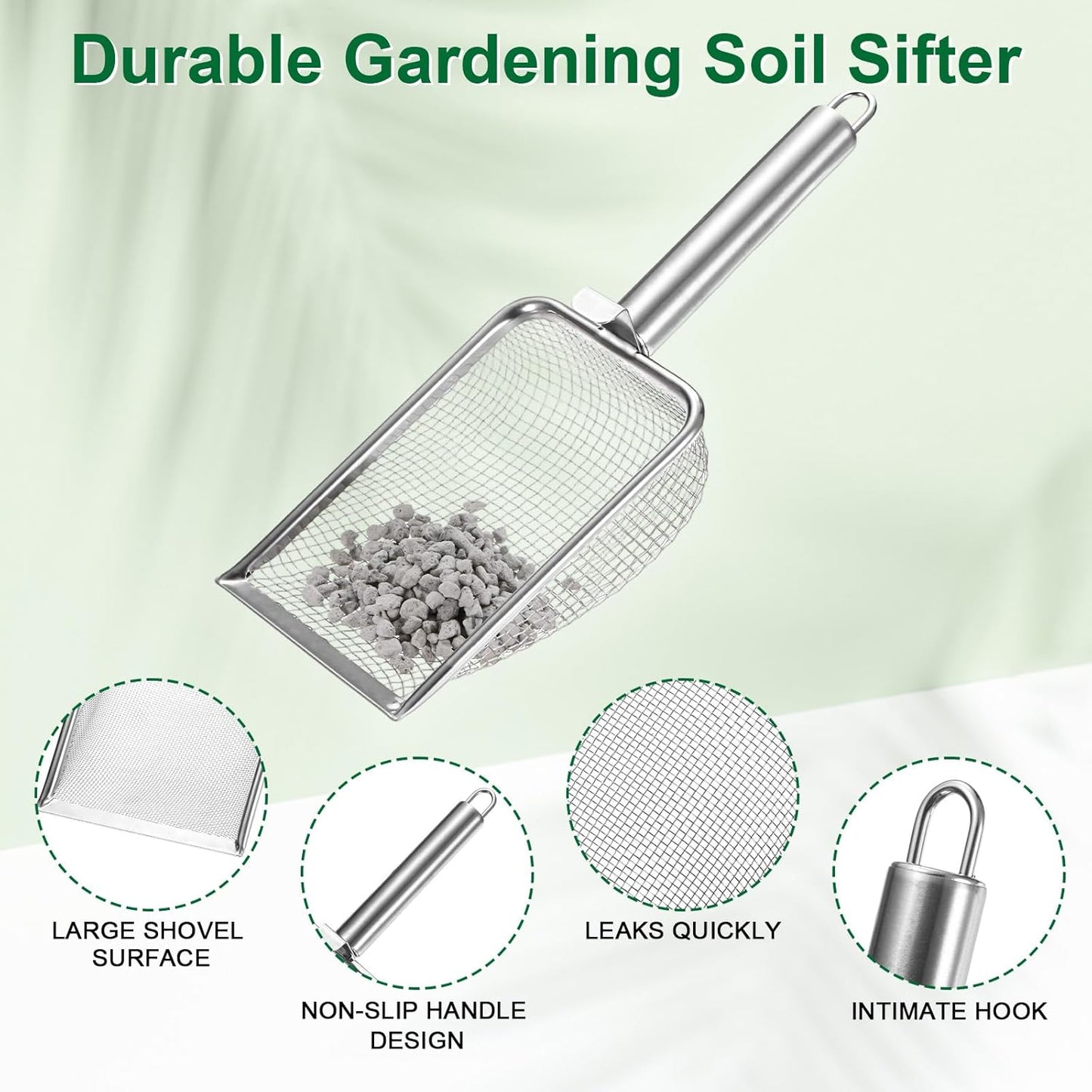 1-Pack Gardening Soil Sifter, 1 mm Mesh Stainless Steel Sand Soil Compost Sieve with Stainless Steel Handle for Sand/Dirt/Rock Compost [Silver Tone]