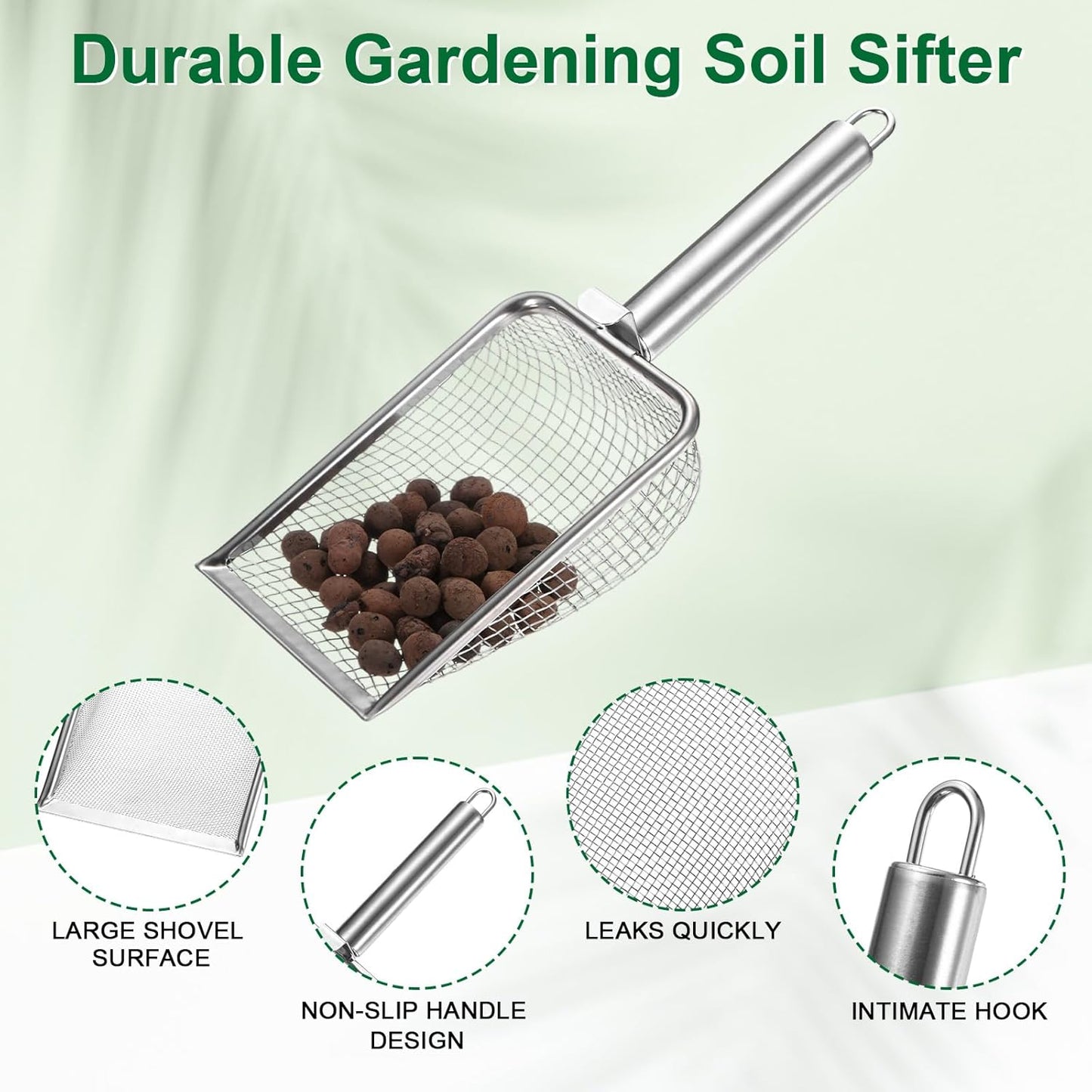 1-Pack Gardening Soil Sifter, 1 mm Mesh Stainless Steel Sand Soil Compost Sieve with Stainless Steel Handle for Sand/Dirt/Rock Compost [Silver Tone]