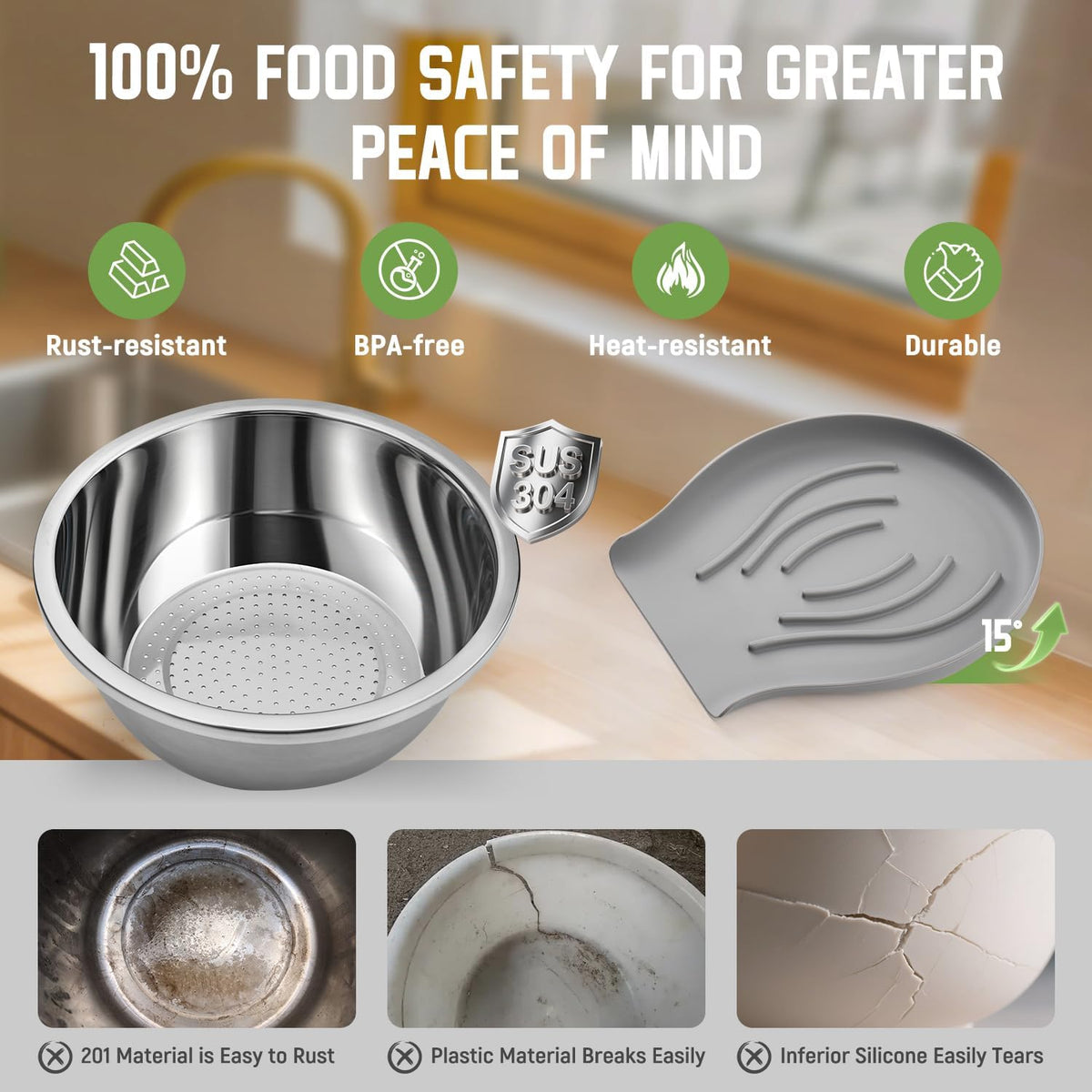 304 Stainless Steel Colander with Self-Draining Base, 5QT Food-Grade Silicone Base Large Colander Strainer for Kitchen Pasta Strainer Washing Bowl for Pasta Rice Fruits Vegetables