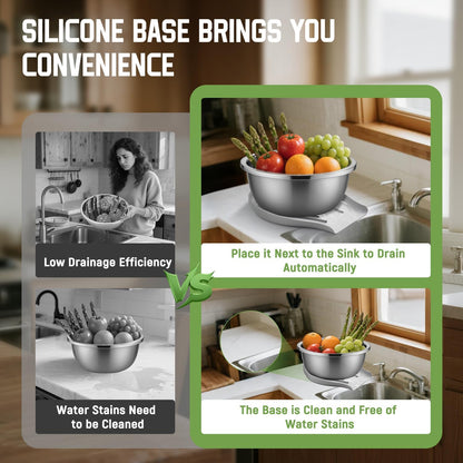304 Stainless Steel Colander with Self-Draining Base, 5QT Food-Grade Silicone Base Large Colander Strainer for Kitchen Pasta Strainer Washing Bowl for Pasta Rice Fruits Vegetables