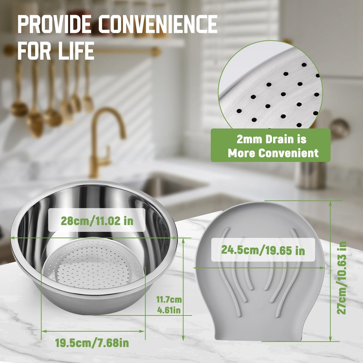 304 Stainless Steel Colander with Self-Draining Base, 5QT Food-Grade Silicone Base Large Colander Strainer for Kitchen Pasta Strainer Washing Bowl for Pasta Rice Fruits Vegetables