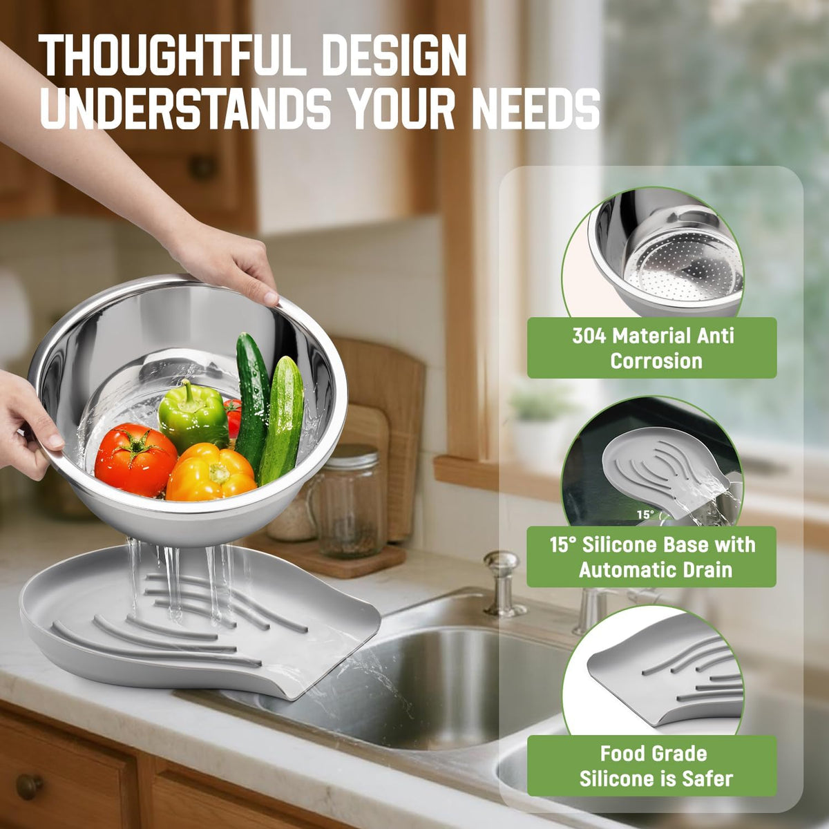 304 Stainless Steel Colander with Self-Draining Base, 5QT Food-Grade Silicone Base Large Colander Strainer for Kitchen Pasta Strainer Washing Bowl for Pasta Rice Fruits Vegetables