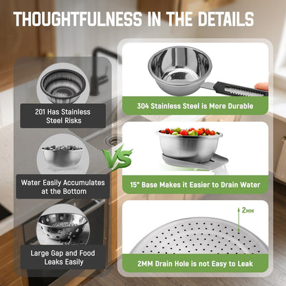 304 Stainless Steel Colander with Self-Draining Base, 5QT Food-Grade Silicone Base Large Colander Strainer for Kitchen Pasta Strainer Washing Bowl for Pasta Rice Fruits Vegetables
