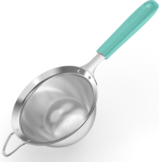 Fine Mesh Strainer, 18/8 Stainless Steel Sieve 30 Mesh, M/Aqua Sky | Kitchen Strainer with Silicone Handle, 4.73in Medium Food Sieve, Metal Colander for Rinsing Rice, Quinoa, Flour, Berry Seed