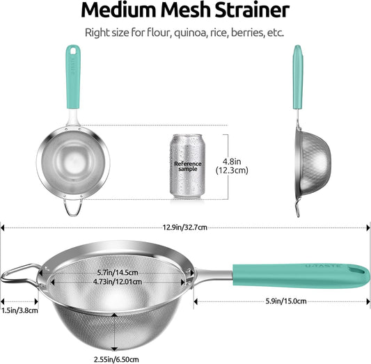 Fine Mesh Strainer, 18/8 Stainless Steel Sieve 30 Mesh, M/Aqua Sky | Kitchen Strainer with Silicone Handle, 4.73in Medium Food Sieve, Metal Colander for Rinsing Rice, Quinoa, Flour, Berry Seed
