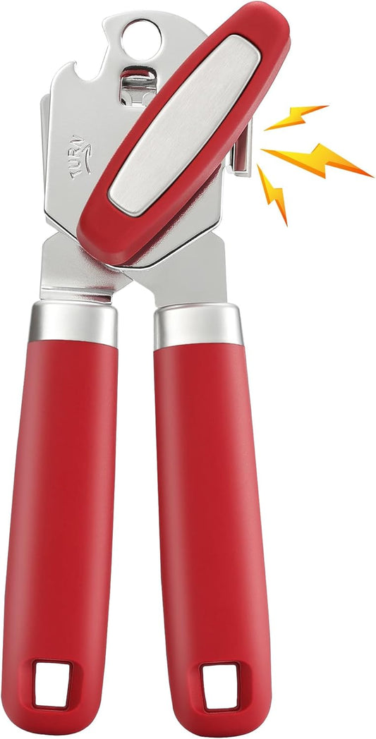 Manual Can Opener Smooth Edge with Magnet & Bottle Opener, Red | Stainless Steel, Handheld, Extra Shape Cutting Blade, Large Turn Knob, Multifunctional 4 In 1 Kitchen Tool for Seniors