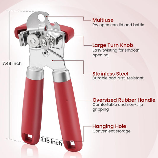 Manual Can Opener Smooth Edge with Magnet & Bottle Opener, Red | Stainless Steel, Handheld, Extra Shape Cutting Blade, Large Turn Knob, Multifunctional 4 In 1 Kitchen Tool for Seniors