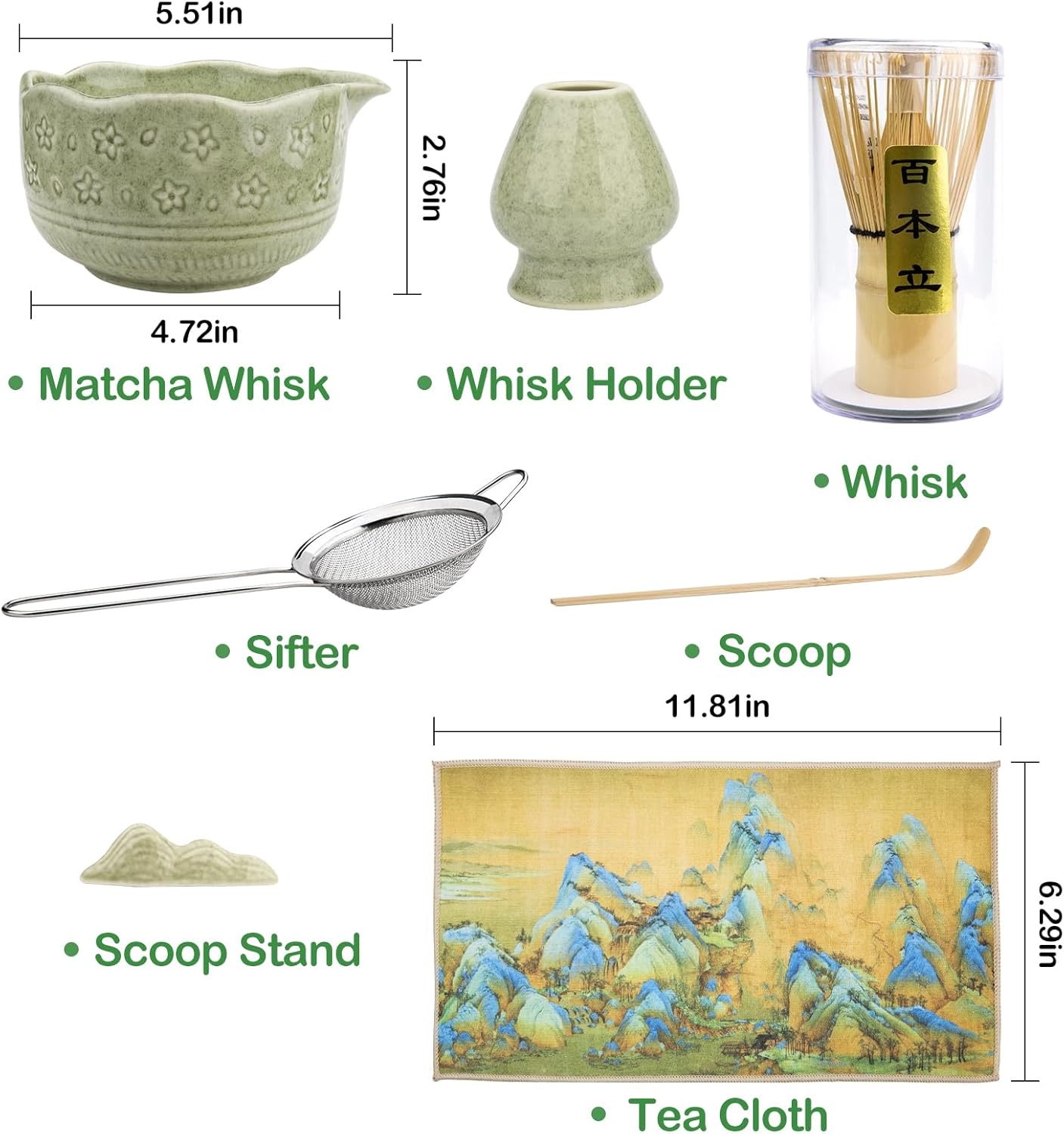 Matcha Whisk Set - 7 PCS Matcha Kit, Matcha Set for Making Breakfast Green Tea Lattes - Matcha Bowl with Spout, Matcha Whisk Holder - Gift for Tea Beginner, Friend, Daughter, Family