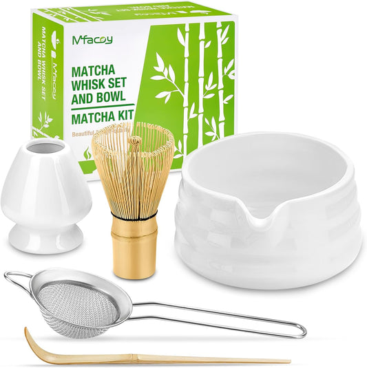 Matcha Whisk Set, Japanese Tea Set (5pcs) includes Matcha Bowl with Spout (19 oz), Bamboo Whisk and Matcha Scoop, Whisk Holder, Stainless Steel Sifter, Tea Making Tools, Matcha Kit