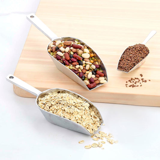 Kitchen Flat Bottom Food Scoops, 5-Inch, 7.5-Inch, 8.75-Inch, Commercial-Grade Anodized Cast Aluminum, Set of 3