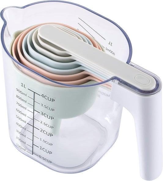 Measuring Cup Set - 9 PC. Nesting Stackable Liquid Measure Cup, Dry Measuring Cups and Spoons with Funnel and Scraper (Pastel)