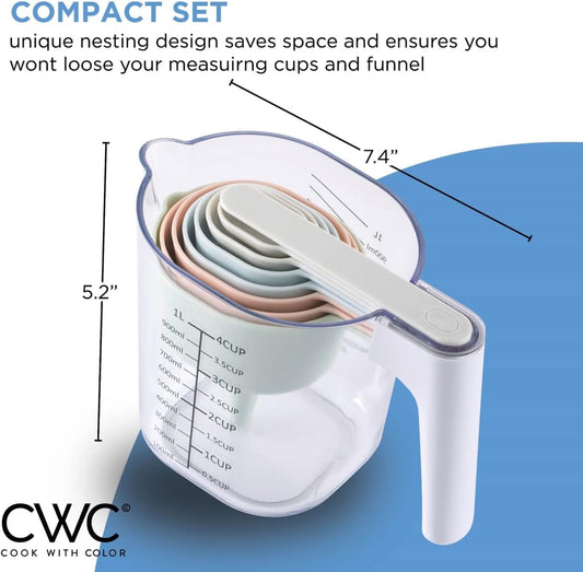 Measuring Cup Set - 9 PC. Nesting Stackable Liquid Measure Cup, Dry Measuring Cups and Spoons with Funnel and Scraper (Pastel)