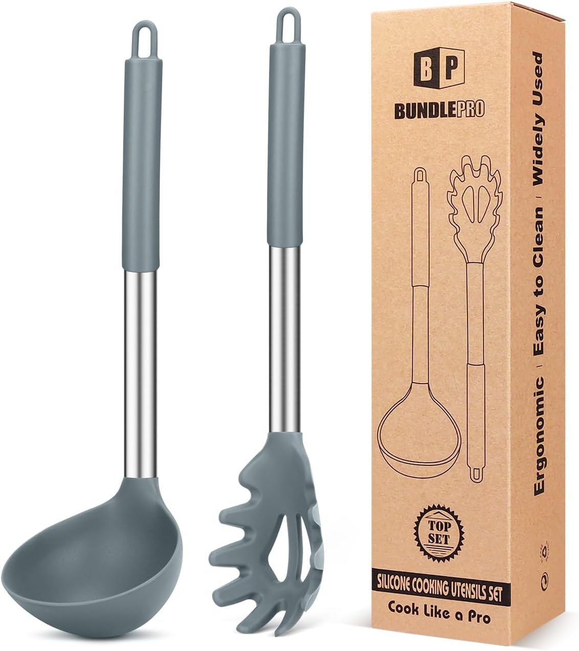 Silicone Pasta Fork and Ladle Spoon Set, 2 Pack, Gray | Large Non Stick, High Heat Resistant Kitchen Utensils for Cooking,Stirring,Serving Spaghetti, Soup, Sauce