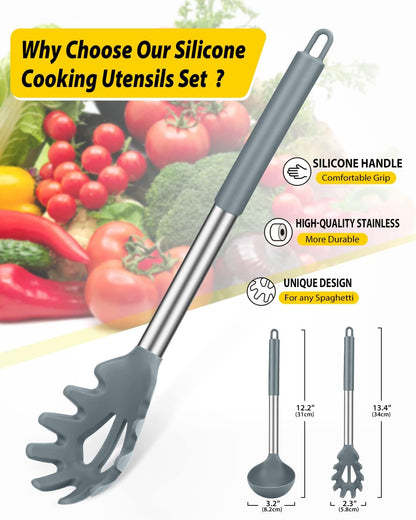 Silicone Pasta Fork and Ladle Spoon Set, 2 Pack, Gray | Large Non Stick, High Heat Resistant Kitchen Utensils for Cooking,Stirring,Serving Spaghetti, Soup, Sauce