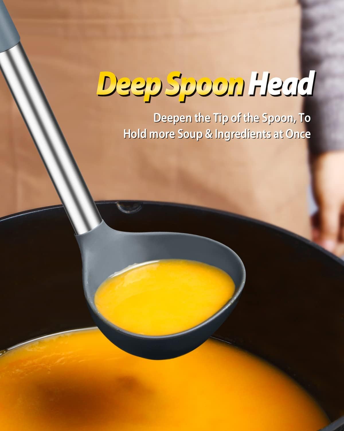 Silicone Pasta Fork and Ladle Spoon Set, 2 Pack, Gray | Large Non Stick, High Heat Resistant Kitchen Utensils for Cooking,Stirring,Serving Spaghetti, Soup, Sauce