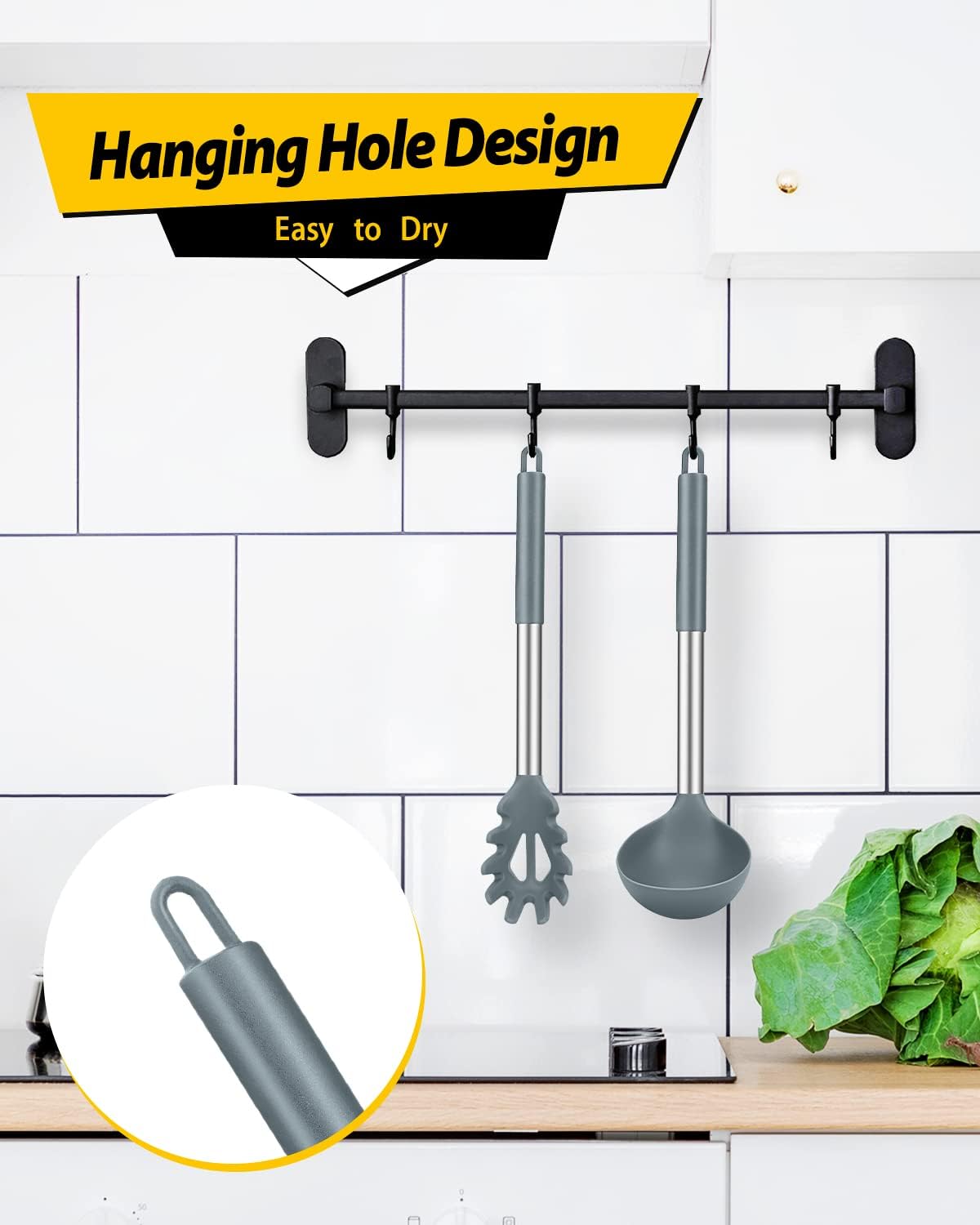 Silicone Pasta Fork and Ladle Spoon Set, 2 Pack, Gray | Large Non Stick, High Heat Resistant Kitchen Utensils for Cooking,Stirring,Serving Spaghetti, Soup, Sauce