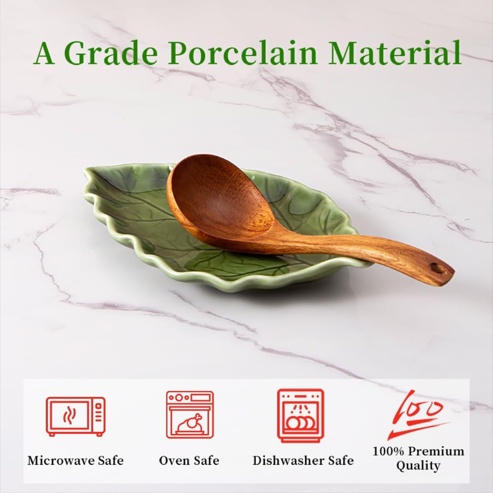 Ceramic Leaf Shape Spoon Rest for cooking, Cute Green Cooking Spoon Holder for Stove Top,Large Porcelain Spatula Rest for Kitchen Counter, Farmhouse Kitchen Decor (green)