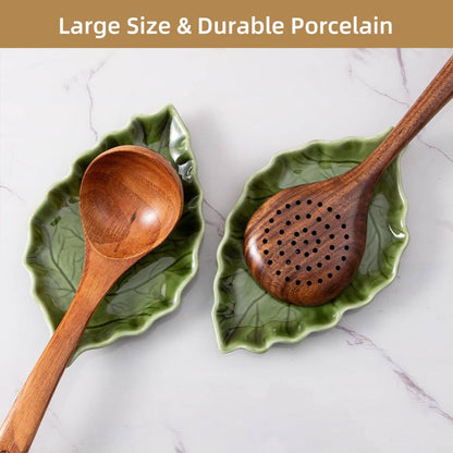 Ceramic Leaf Shape Spoon Rest for cooking, Cute Green Cooking Spoon Holder for Stove Top,Large Porcelain Spatula Rest for Kitchen Counter, Farmhouse Kitchen Decor (green)