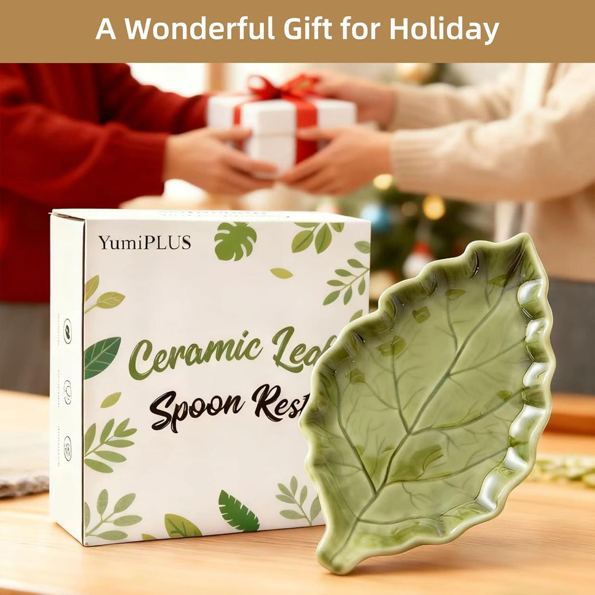 Ceramic Leaf Shape Spoon Rest for cooking, Cute Green Cooking Spoon Holder for Stove Top,Large Porcelain Spatula Rest for Kitchen Counter, Farmhouse Kitchen Decor (green)