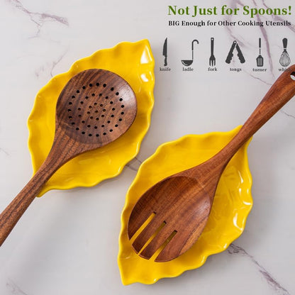 Ceramic Leaf Shape Spoon Rest for cooking, Cute Green Cooking Spoon Holder for Stove Top,Large Porcelain Spatula Rest for Kitchen Counter, Farmhouse Kitchen Decor (green)