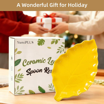 Ceramic Leaf Shape Spoon Rest for cooking, Cute Green Cooking Spoon Holder for Stove Top,Large Porcelain Spatula Rest for Kitchen Counter, Farmhouse Kitchen Decor (green)