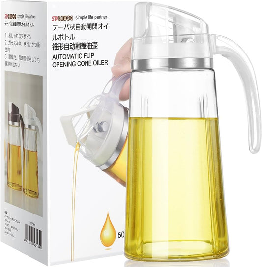 20oz Glass Oil Dispenser Bottle with Auto Flip Cap, White | Auto Flip Cap for One-hand Use, Leakproof Design, for Olive Oil/Vinegar/Cooking Oil, Kitchen Essential