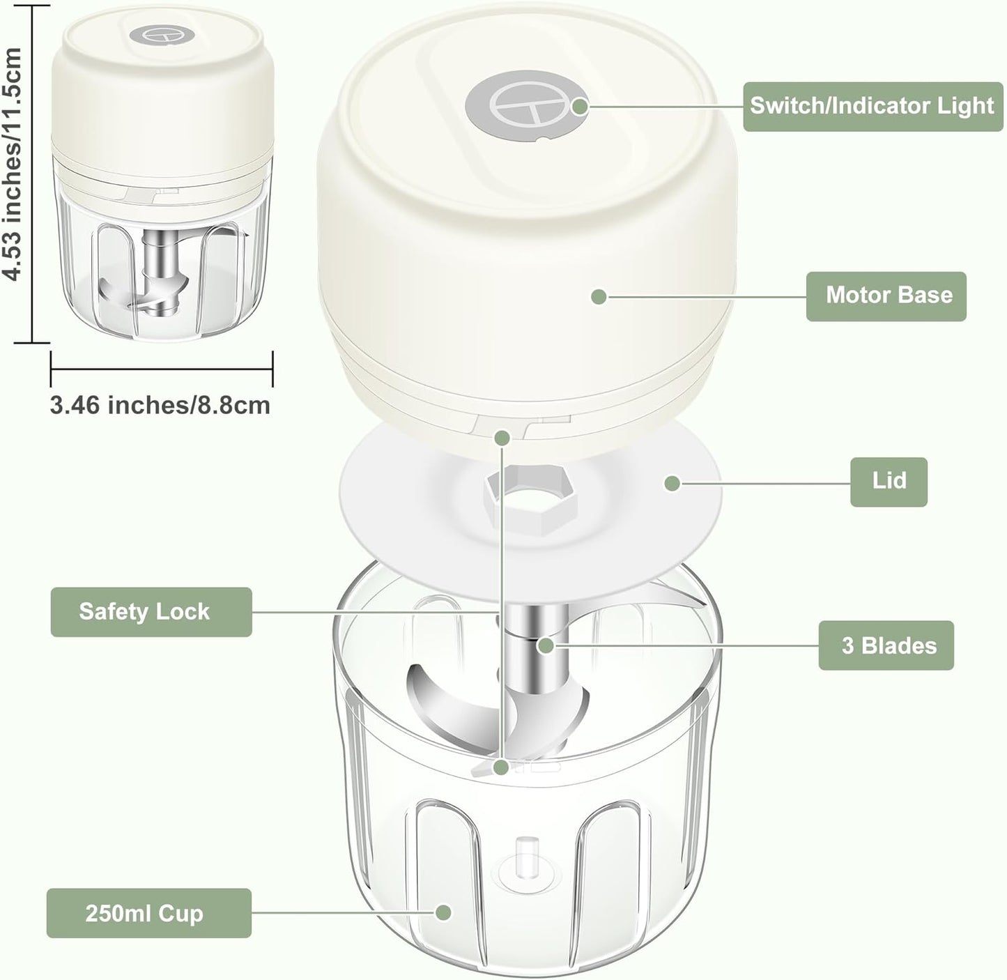 250ML Mini Electric Garlic Chopper, Garlic Mincer Grinder Masher (1 Cup) | USB Wireless Garlic Press, Small Food Processor Blender for Vegetable Ginger Chili, White