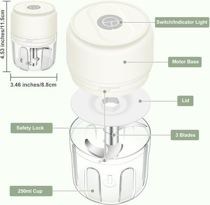 250ML Mini Electric Garlic Chopper, Garlic Mincer Grinder Masher (1 Cup) | USB Wireless Garlic Press, Small Food Processor Blender for Vegetable Ginger Chili, White