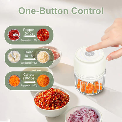 250ML Mini Electric Garlic Chopper, Garlic Mincer Grinder Masher (1 Cup) | USB Wireless Garlic Press, Small Food Processor Blender for Vegetable Ginger Chili, White