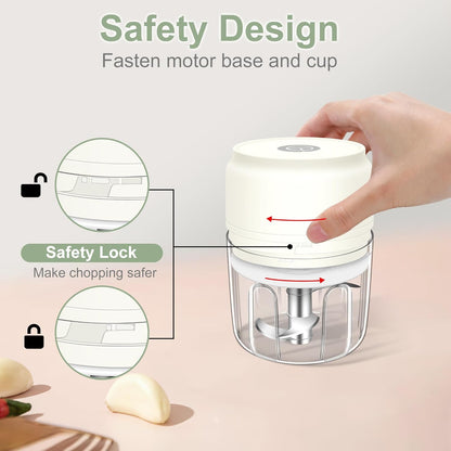 250ML Mini Electric Garlic Chopper, Garlic Mincer Grinder Masher (1 Cup) | USB Wireless Garlic Press, Small Food Processor Blender for Vegetable Ginger Chili, White