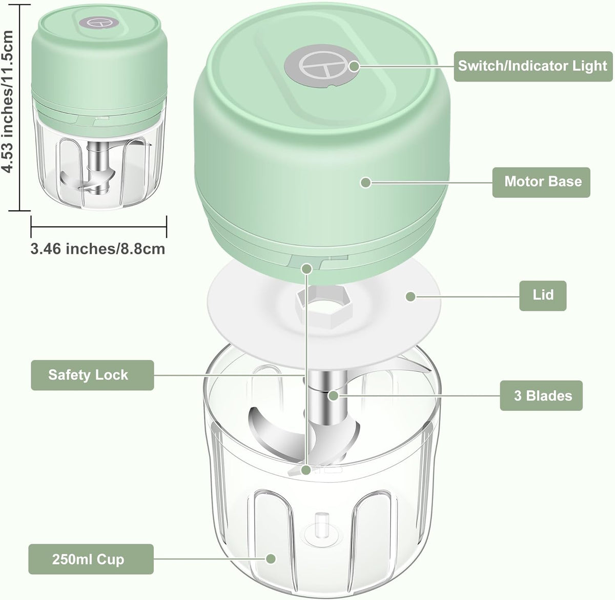 250ML Mini Electric Garlic Chopper, Garlic Mincer Grinder Masher (1 Cup) | USB Wireless Garlic Press, Small Food Processor Blender for Vegetable Ginger Chili, White