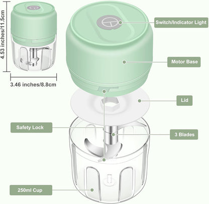 250ML Mini Electric Garlic Chopper, Garlic Mincer Grinder Masher (1 Cup) | USB Wireless Garlic Press, Small Food Processor Blender for Vegetable Ginger Chili, White