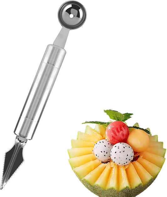 Stainless Steel Melon Baller Scoop, Fruit Carving Knife Melon Baller Watermelon Cantaloupe Scooper(Ball End + Knife End)