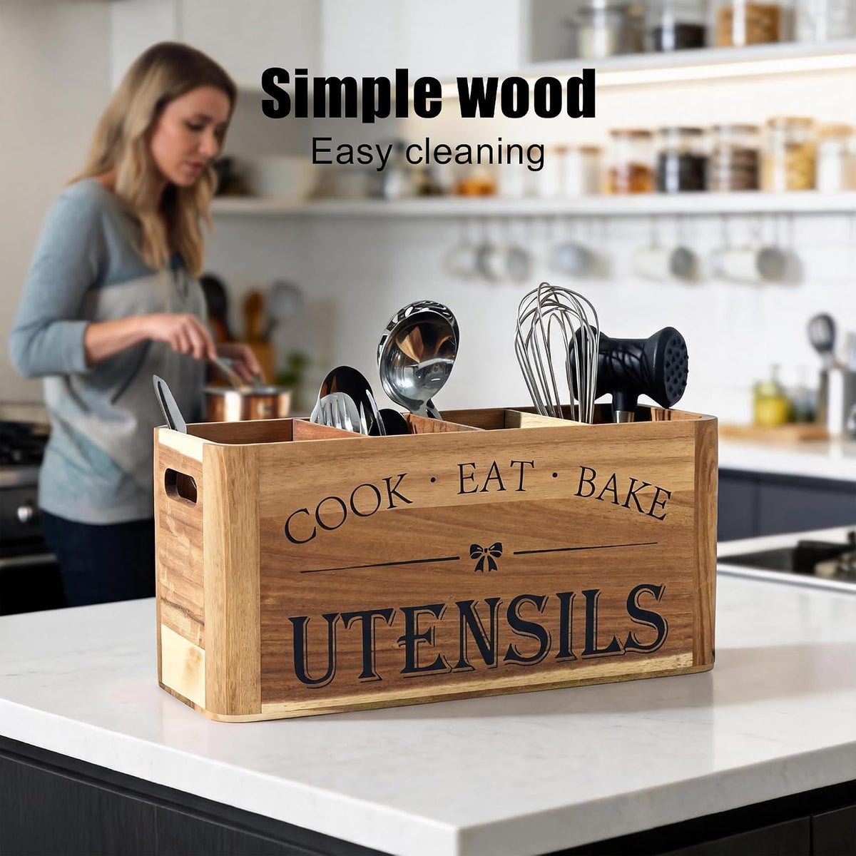 Utensil Holder for Kitchen Countertop - Extra Large 4 Compartment Wooden Organizer in Acacia Wood, Storage for Cooking Tools and Cutlery, Farmhouse Style for Home Cooking