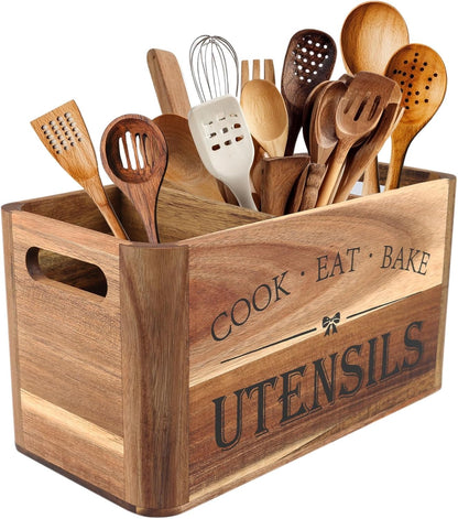 Utensil Holder for Kitchen Countertop - Extra Large 4 Compartment Wooden Organizer in Acacia Wood, Storage for Cooking Tools and Cutlery, Farmhouse Style for Home Cooking