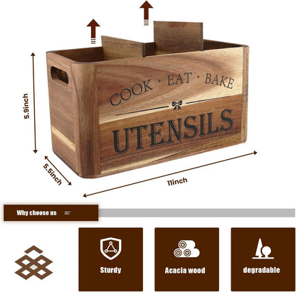 Utensil Holder for Kitchen Countertop - Extra Large 4 Compartment Wooden Organizer in Acacia Wood, Storage for Cooking Tools and Cutlery, Farmhouse Style for Home Cooking