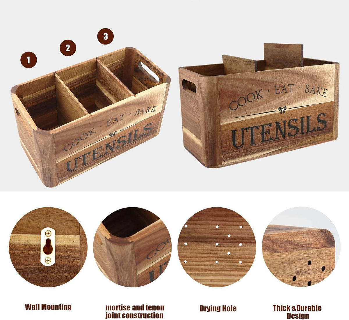 Utensil Holder for Kitchen Countertop - Extra Large 4 Compartment Wooden Organizer in Acacia Wood, Storage for Cooking Tools and Cutlery, Farmhouse Style for Home Cooking
