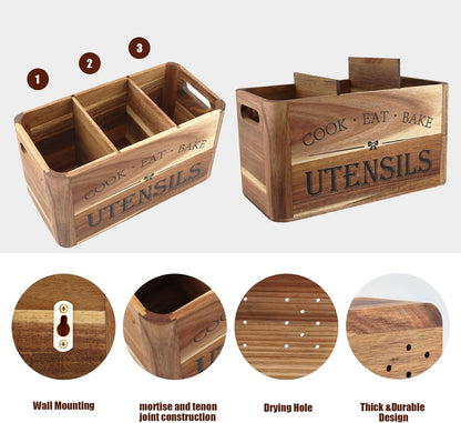 Utensil Holder for Kitchen Countertop - Extra Large 4 Compartment Wooden Organizer in Acacia Wood, Storage for Cooking Tools and Cutlery, Farmhouse Style for Home Cooking