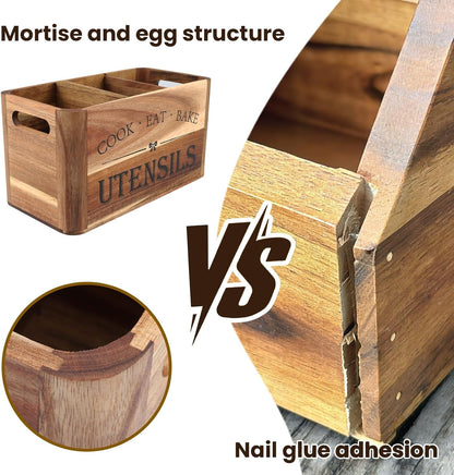 Utensil Holder for Kitchen Countertop - Extra Large 4 Compartment Wooden Organizer in Acacia Wood, Storage for Cooking Tools and Cutlery, Farmhouse Style for Home Cooking
