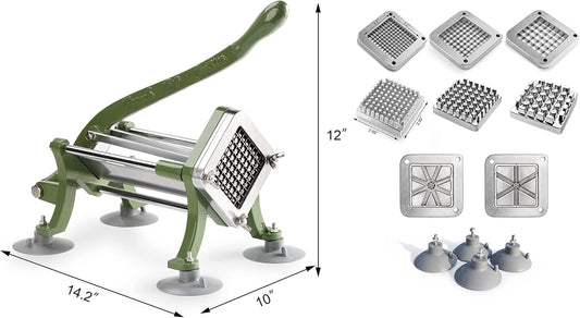 Commercial Grade French Fry Cutter with Complete Combo Sets, Die Cast Iron and 18/8 Stainless Steel, 1/4-Inch, 3/8-Inch, 1/2-Inch, 6-Wedge, and 8-Wedge Replacement Blades