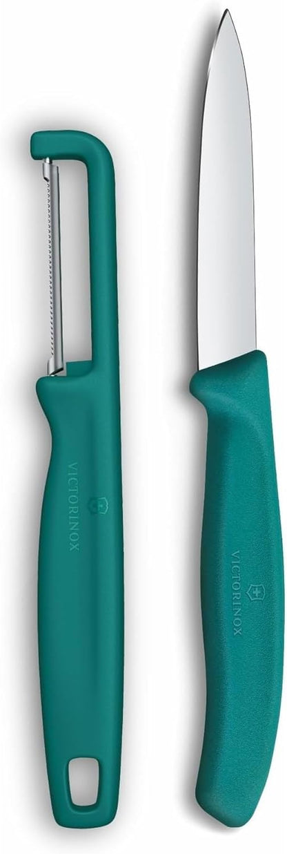 Swiss Classic 2 Piece Paring Knife & I-Peeler Set - Green | Swiss Made kitchen prep tools with sharp stainless steel blades, lightweight ergonomic handles, and dishwasher safe design