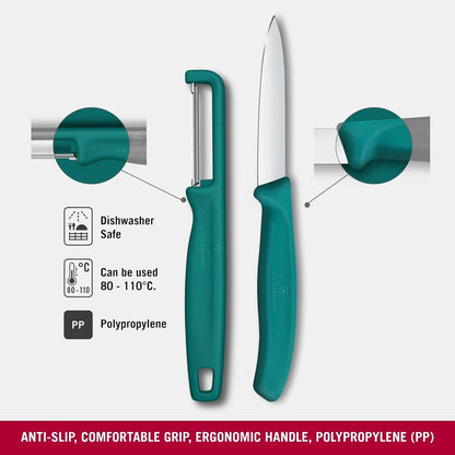 Swiss Classic 2 Piece Paring Knife & I-Peeler Set - Green | Swiss Made kitchen prep tools with sharp stainless steel blades, lightweight ergonomic handles, and dishwasher safe design