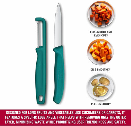 Swiss Classic 2 Piece Paring Knife & I-Peeler Set - Green | Swiss Made kitchen prep tools with sharp stainless steel blades, lightweight ergonomic handles, and dishwasher safe design
