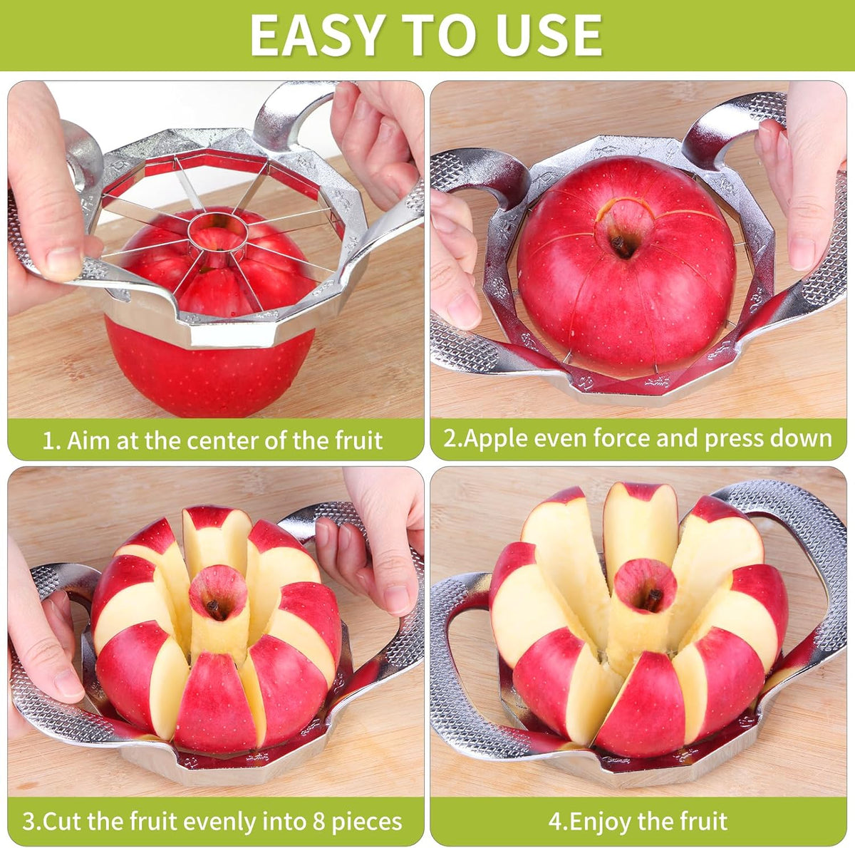 Apple Slicer,12-Slices Stainless Steel Cutter，Heavy Duty Stainless Steel Apple Cutter and Divider， Anti-slip Handle，Gifts for Mom， Easy to Use.
