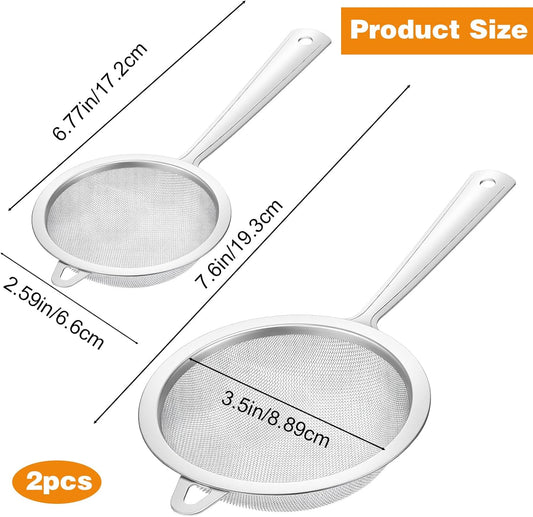 2 Pack Sieve Fine Mesh Stainless Steel, Mesh Strainer with Handle, Fine Meshes Strainers for Cooking Tea Food Strainer, 2 Sizes