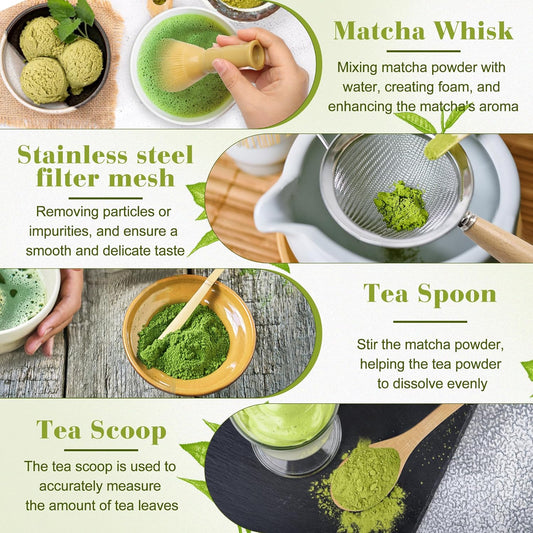 4 Pcs Matcha Whisk Set, Food Safe Resin Matcha Whisk for Tea Lovers Traditional Tea Brewing Tool with Teaspoon, Spoon and Stainless Steel Sieve (4 Items)