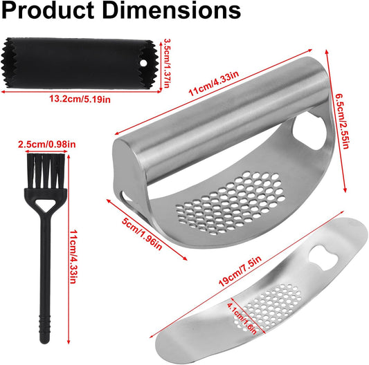 Stainless Steel Garlic Press Set, Includes 2 Stainless Steel Garlic Press Tools 1 Silicone Peeler Tube and 1 Brush Practical Kitchen Gadgets for Easy Smashing